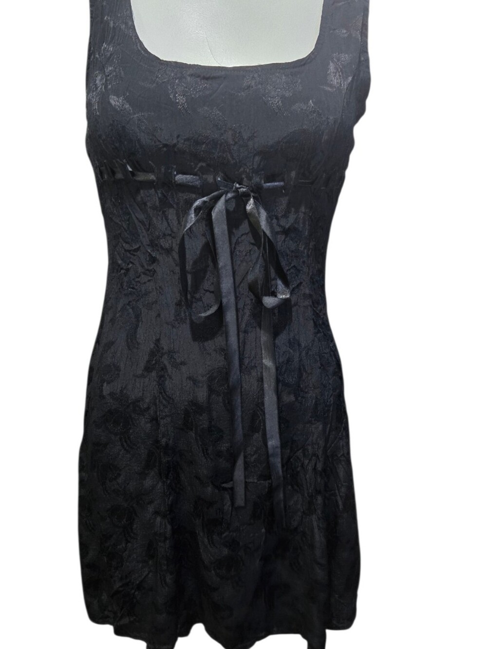 Black Gothic Floral Jacquard Lace-Up Waist Mini Dress XS/S